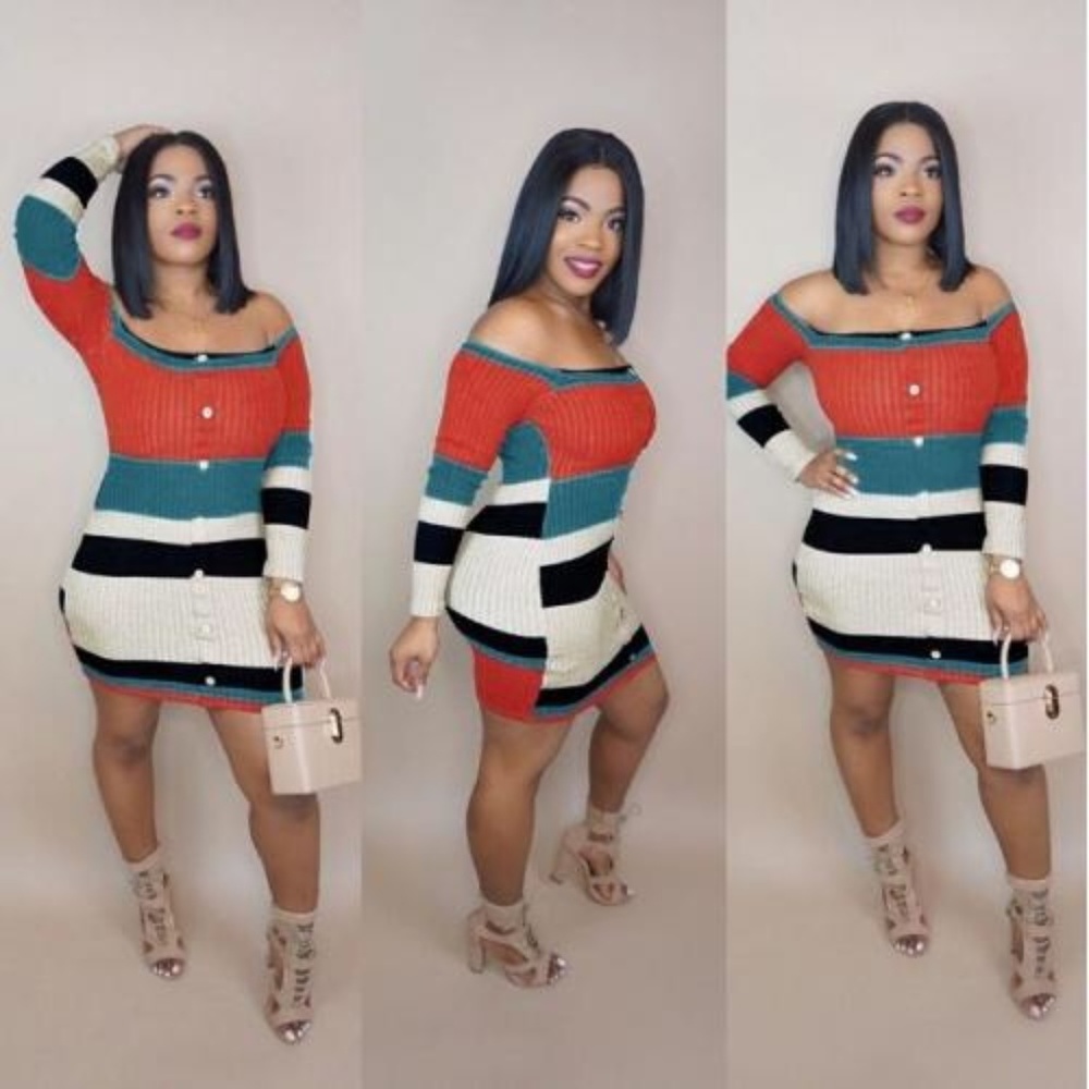 Off shoulders striped dress club attire